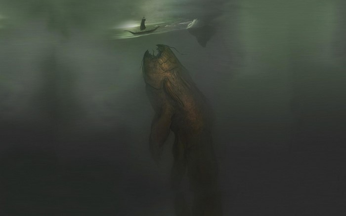 Giant sea creature and a boat in dark water