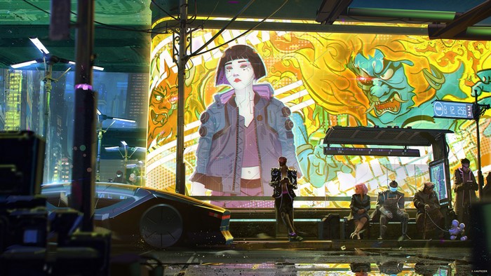 Cyberpunk street scene with people at a bus stop