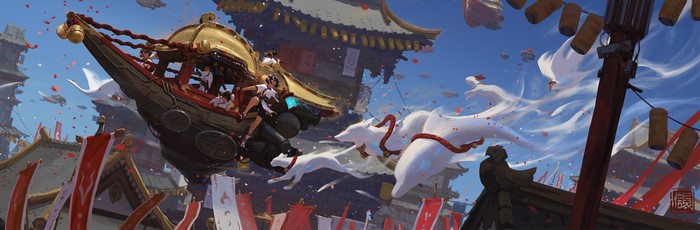 Fantasy airship with fox spirits over Asian city