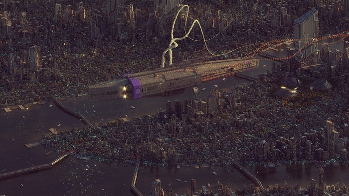Futuristic city with a spaceship on a river