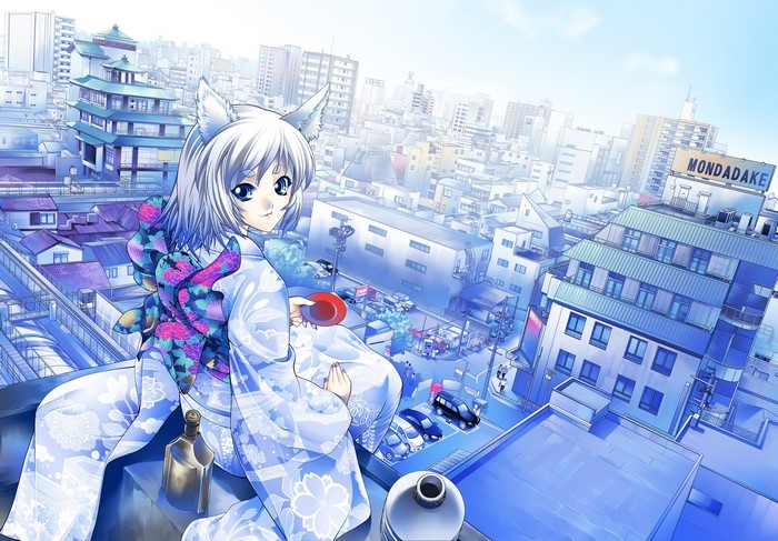 Anime girl with animal ears in kimono overlooking cityscape