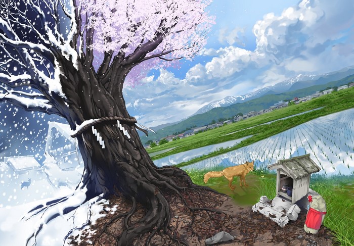 Tree showing seasons with fox and shrine