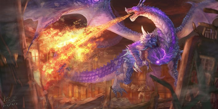 Artwork of a purple dragon breathing fire