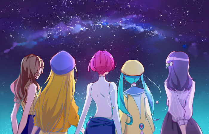Anime girls looking at a starry night sky
