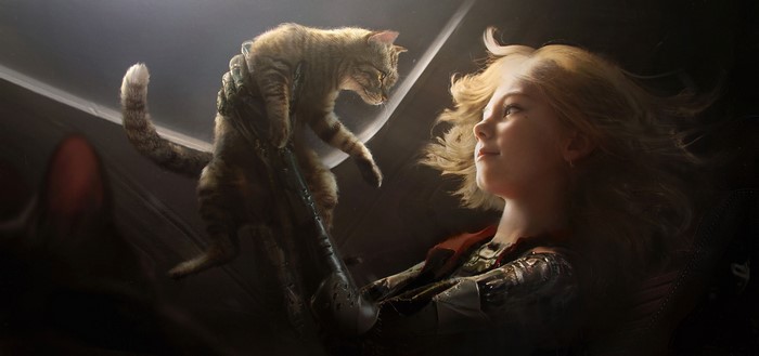 Girl in armor holding a cat
