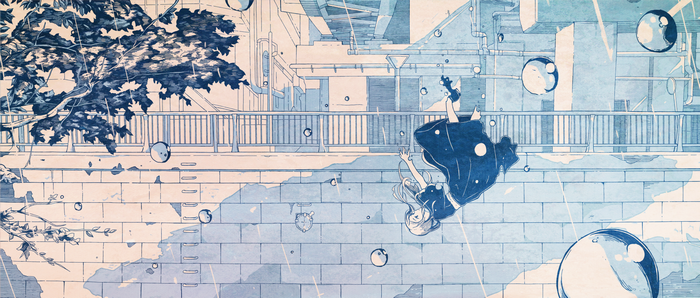 Anime girl falling amidst bubbles and rain