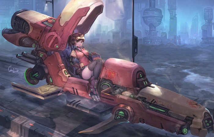 Anime girl in sci-fi vehicle in futuristic city