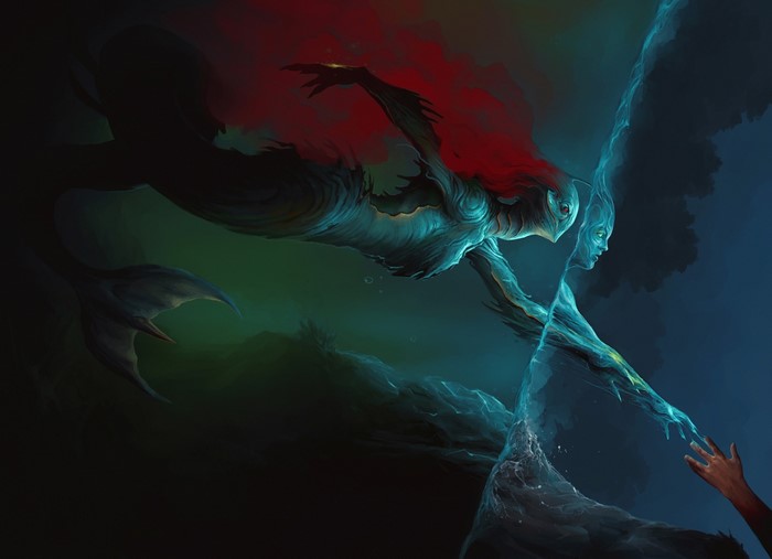 Mermaids reaching for a human hand underwater