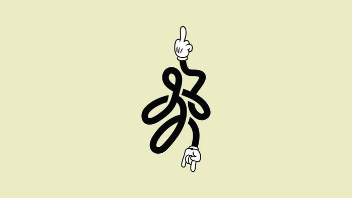 Cartoon character with hands and abstract shape
