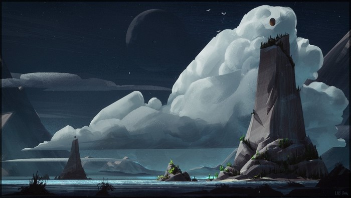 Fantasy landscape with a large rock formation and clouds