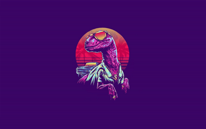 Synthwave dinosaur wearing sunglasses and gold chain