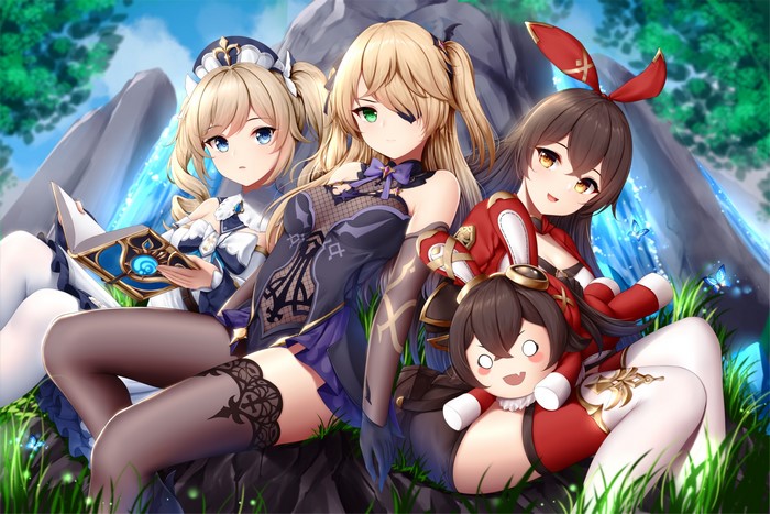 Barbara, Fischl, and Amber from Genshin Impact