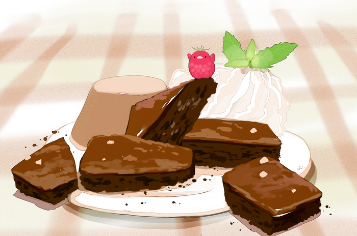 Brownies and pudding with a raspberry character