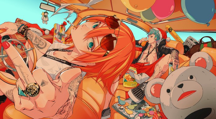 Anime couple in car with Christmas decorations and balloons