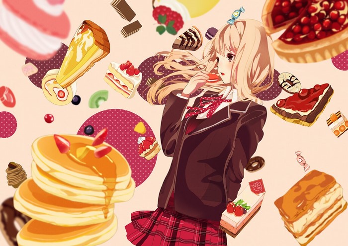 Anime girl surrounded by sweets and pastries