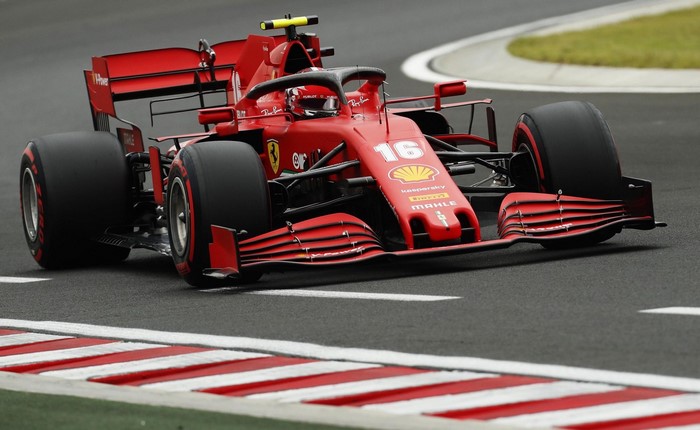 Charles Leclerc's Ferrari F1 car on a race track