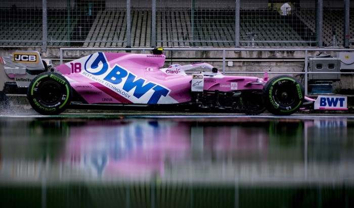 Racing Point F1 car with BWT and JCB logos