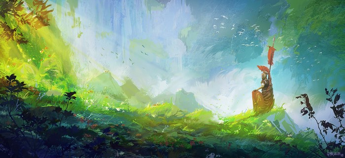 Fantasy soldier with banner on a grassy hill