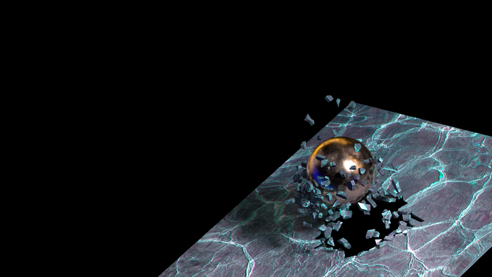 3D render of a metallic sphere breaking through a marble surface