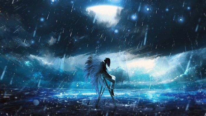 Angel sitting on a ladder in the rain