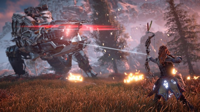 Aloy from Horizon Zero Dawn fighting a machine