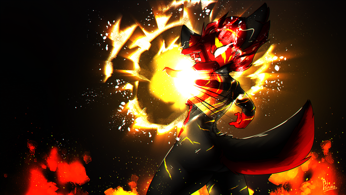 Furry character with fiery explosion