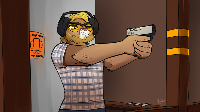 Furry lion with pistol at shooting range