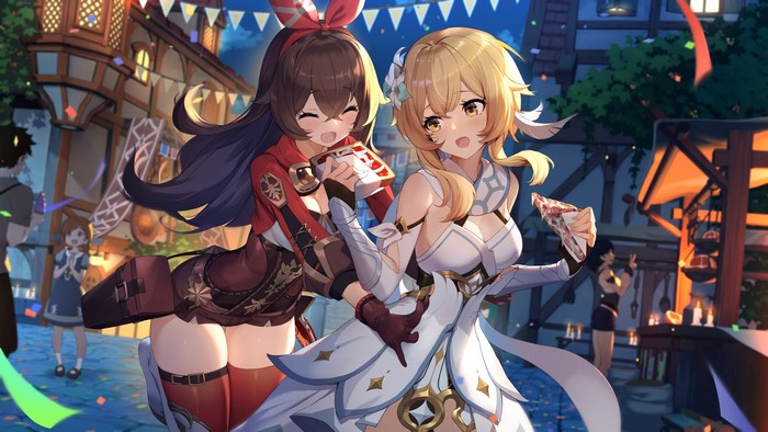 Lumine and Amber from Genshin Impact at a festival