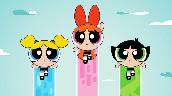 The Powerpuff Girls Blossom, Buttercup, and Bubbles flying