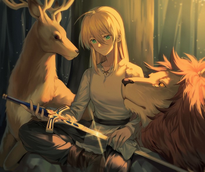 Artoria Pendragon with deer and lion holding Excalibur