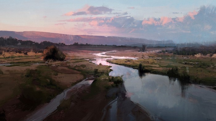 Digital painting of a river flowing through a valley at sunset
