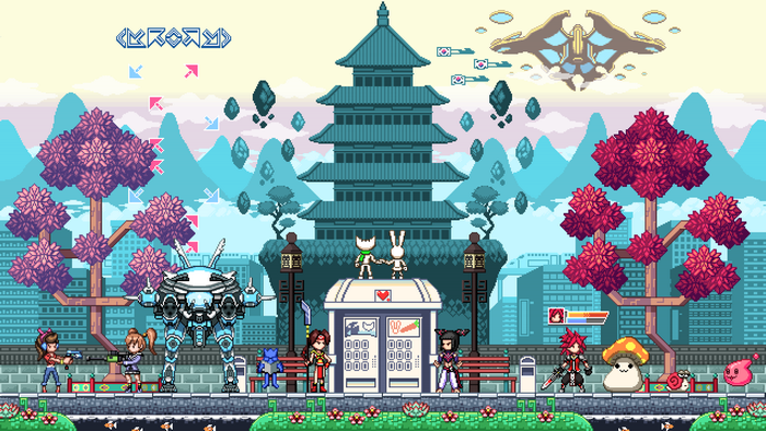 Pixel art scene with characters and mecha