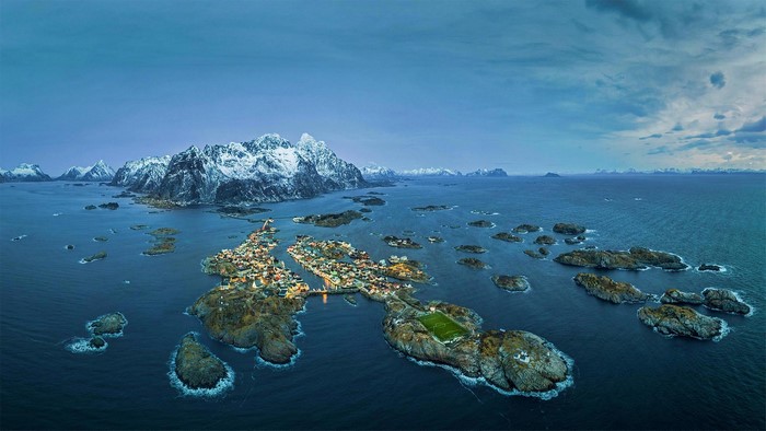 Henningsvaer soccer pitch on Lofoten Islands, Norway