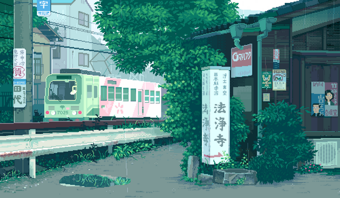 Pixel Art Train Station Scene