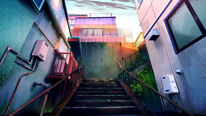 Outdoor stairs between buildings with sky and clouds