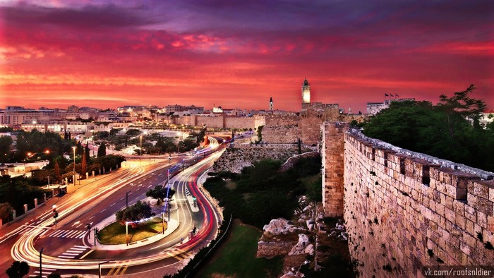 Jerusalem Old City walls at sunset with light trails