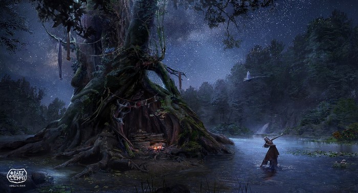Fantasy artwork by Yoojin Rhee featuring a mystical tree and a figure in water