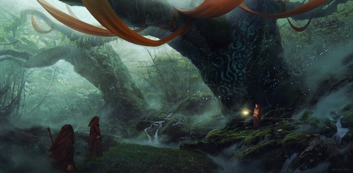 Fantasy forest with robed figures and a glowing lantern