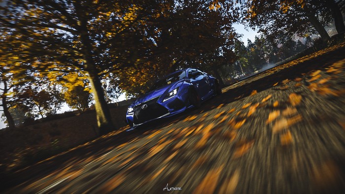 Lexus RC F from Forza Horizon 4 driving on a road