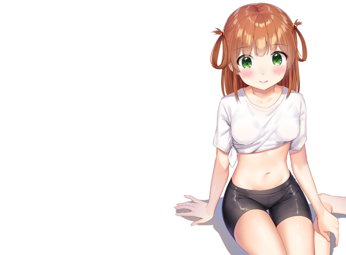 Anime girl with brown hair and green eyes wearing a t-shirt and shorts