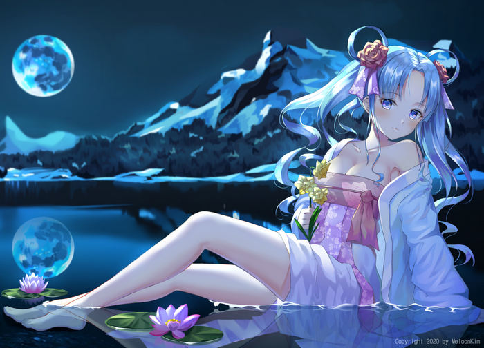 Anime girl with aqua hair in a kimono by the water