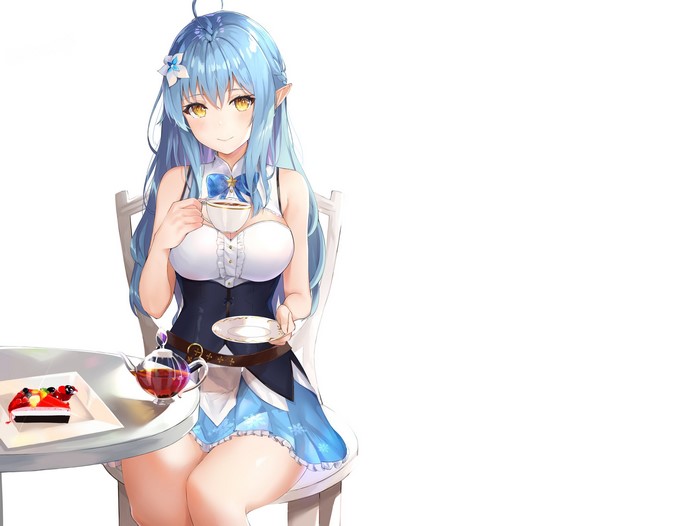 Yukihana Lamy from Hololive drinking tea with cake