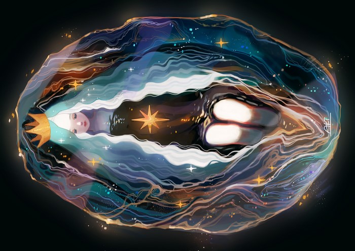 Fantasy girl with crown in cosmic waves