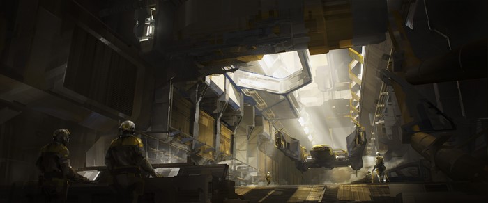 Science fiction artwork of a spaceship hangar