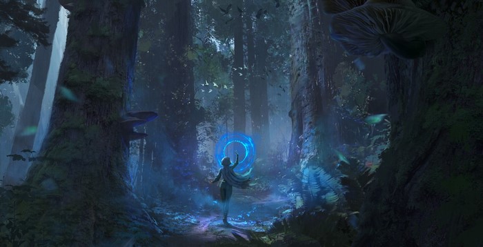 Fantasy girl casting magic in a dark forest