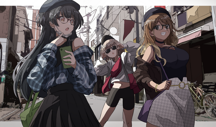 Anime girls with glasses on a city street