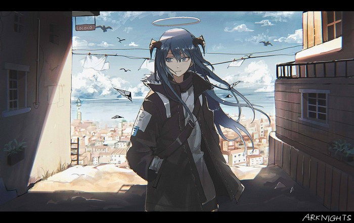 Mostima from Arknights in a cityscape
