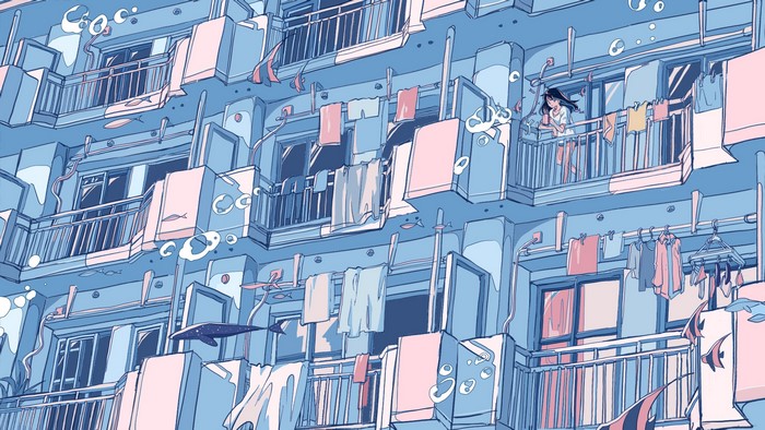 Anime girl on balcony with laundry and fish