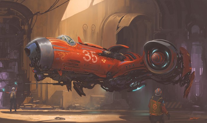 Red science fiction vehicle in a hangar