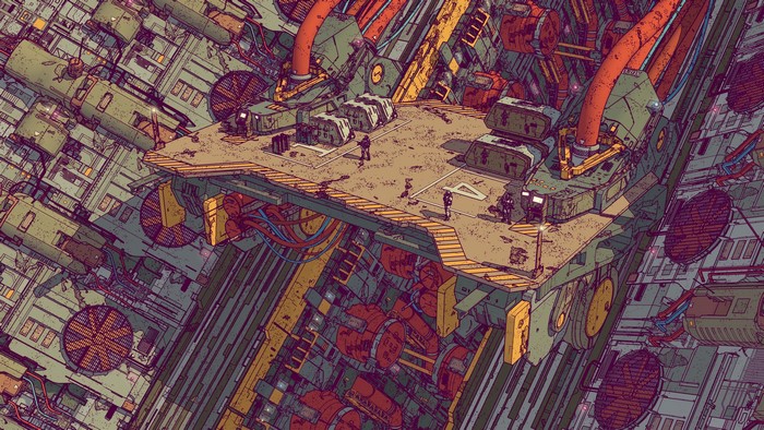 Futuristic industrial complex with figures on a platform